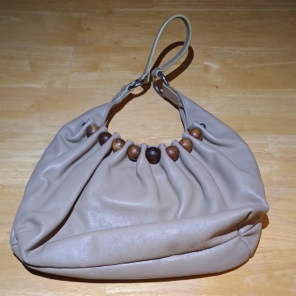 Paola Frani Tan Women's Bag with Wooden Accents